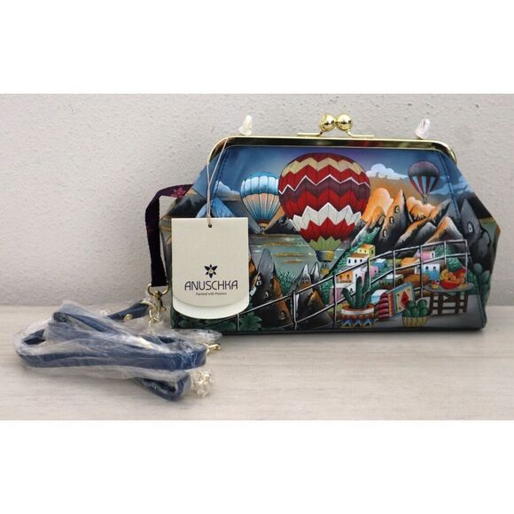Anuschka Hot Air Balloon Hand-Painted Leather Kiss Lock Clutch Crossbody Bag - Picture 6 of 11